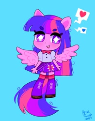 Size: 1074x1368 | Tagged: safe, artist:petaltwinkle, twilight sparkle, human, equestria girls, g4, blue background, bow, chibi, clothes, heart, open mouth, simple background, skirt, smiling, solo, wings