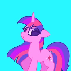 Size: 1074x1085 | Tagged: safe, artist:petaltwinkle, twilight sparkle, pony, unicorn, g4, blue background, floppy ears, simple background, smiling, solo, standing, unicorn twilight