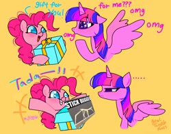 Size: 1368x1074 | Tagged: safe, artist:petaltwinkle, pinkie pie, twilight sparkle, alicorn, earth pony, pony, g4, duo, frown, get stick bugged lol, open mouth, prank, smiling, spread wings, text, twilight sparkle (alicorn), wings