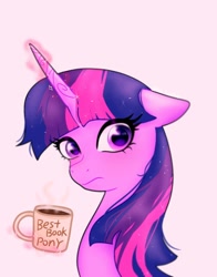 Size: 1074x1368 | Tagged: safe, artist:petaltwinkle, twilight sparkle, pony, unicorn, g4, bust, coffee, magic, simple background, solo, text, white background