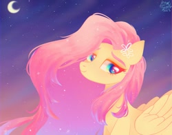 Size: 1368x1074 | Tagged: safe, artist:petaltwinkle, fluttershy, pegasus, pony, g4, moon, sky, smiling, solo, stars