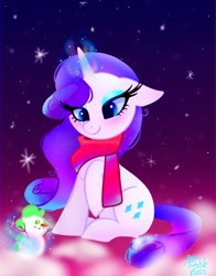 Size: 1074x1368 | Tagged: safe, artist:petaltwinkle, rarity, pony, unicorn, g4, clothes, implied shipping, implied sparity, implied spike, implied straight, magic, scarf, sitting, smiling, snow, snowfall, snowman, solo
