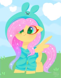 Size: 1074x1368 | Tagged: safe, artist:petaltwinkle, fluttershy, pegasus, pony, g4, clothes, hat, smiling, solo, spread wings, standing, wings