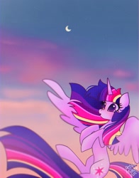 Size: 1074x1368 | Tagged: safe, artist:petaltwinkle, twilight sparkle, alicorn, pony, g4, flying, moon, rainbow power, solo, spread wings, twilight sparkle (alicorn), wings