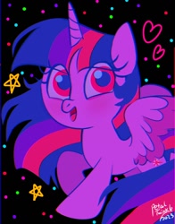 Size: 1074x1368 | Tagged: safe, artist:petaltwinkle, twilight sparkle, alicorn, pony, g4, black background, chibi, heart, simple background, smiling, solo, spread wings, twilight sparkle (alicorn), wings