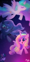 Size: 641x1322 | Tagged: safe, artist:petaltwinkle, princess cadance, princess celestia, princess luna, twilight sparkle, alicorn, pony, g4, chibi, eyes closed, flying, open mouth, smiling, spread wings, wings