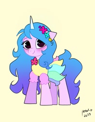 Size: 1074x1368 | Tagged: safe, artist:petaltwinkle, izzy moonbow, pony, unicorn, g5, clothes, cute, dress, female, flower, flower in hair, izzybetes, looking at you, mare, simple background, skirt, smiling, solo, standing, white background