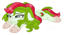 Size: 3768x2074 | Tagged: safe, artist:sjart117, oc, oc only, oc:watermelana, pegasus, pony, crying, female, floppy ears, freckles, gradient hooves, gritted teeth, high res, lying down, mare, pegasus oc, prone, red nose, sad, simple background, solo, teary eyes, teeth, transparent background