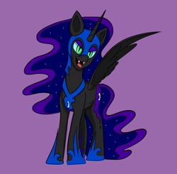 Size: 1744x1712 | Tagged: safe, artist:iron curtain, nightmare moon, alicorn, pony, g4, looking at you, purple background, sharp teeth, simple background, smiling, solo, spread wings, standing, teeth, wings