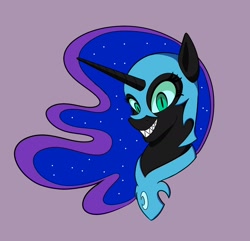 Size: 1882x1816 | Tagged: safe, artist:iron curtain, nightmare moon, alicorn, pony, g4, bust, purple background, sharp teeth, simple background, smiling, solo, teeth