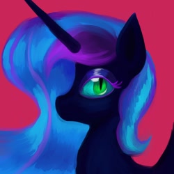 Size: 1000x1000 | Tagged: safe, artist:iron curtain, nightmare moon, alicorn, pony, g4, bust, looking at you, pink background, side view, simple background, solo