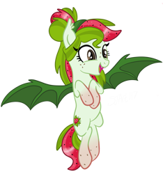 Size: 3836x4096 | Tagged: safe, artist:sjart117, oc, oc only, oc:watermelana, bat pony, pony, bat ponified, cute little fangs, fangs, female, flying, freckles, gradient hooves, mare, open mouth, race swap, simple background, smiling, solo, species swap, transparent background