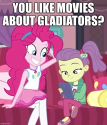 Size: 617x720 | Tagged: safe, edit, edited screencap, screencap, lily pad (g4), pinkie pie, human, equestria girls, g4, airplane!, caption, creepy, funny, image macro, movie reference, phone, smiling, text