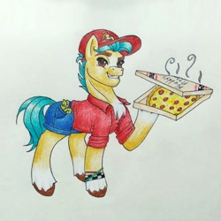 Size: 1080x1080 | Tagged: safe, artist:mintytreble, hitch trailblazer, earth pony, pony, g5, my little pony: a new generation, bracelet, cap, clothes, food, hat, jewelry, male, money, pizza, pizza box, shirt, shorts, simple background, smiling, stallion, traditional art, white background