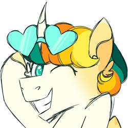 Size: 900x900 | Tagged: safe, artist:fuckomcfuck, oc, oc:atomic sunglow, alicorn, pony, alicorn oc, glasses, heart shaped glasses, horn, looking at you, one eye closed, simple background, solo, sunglasses, sunglasses on head, transparent background, wink