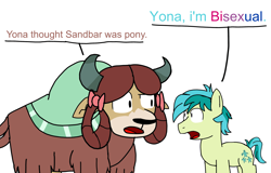 Size: 4960x3183 | Tagged: safe, artist:sketchyboi25, sandbar, yona, pony, yak, g4, bisexual, coming out, duo, female, looking at each other, looking at someone, male, simple background, size difference, stallion, white background