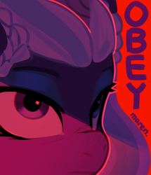 Size: 1994x2315 | Tagged: safe, artist:maren, opaline arcana, alicorn, pony, g5, spoiler:g5, female, high res, mare, obey, poster, propaganda, red background, simple background, solo