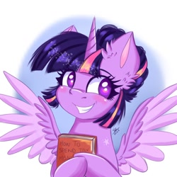 Size: 1280x1280 | Tagged: safe, alternate version, artist:galaxy swirl, twilight sparkle, alicorn, pony, g4, blushing, book, cute, ear fluff, female, grin, hair bun, happy, holding, mare, simple background, smiling, solo, spread wings, that pony sure does love books, twiabetes, twilight sparkle (alicorn), white background, wings