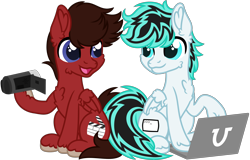 Size: 3384x2160 | Tagged: safe, artist:violight, oc, oc only, oc:light jet, oc:littleshyfim, pegasus, pony, camcorder, chest fluff, closed mouth, computer, duo, eyes open, folded wings, high res, laptop computer, looking at each other, looking at someone, male, male oc, open mouth, pegasus oc, simple background, sitting, smiling, stallion, transparent background, typing, wings