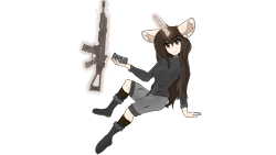 Size: 3840x2160 | Tagged: safe, artist:straighttothepointstudio, oc, oc only, unicorn, anthro, g5, 4k, anime, anthro oc, assault rifle, boots, brown eyes, brown hair, clothes, digital art, ear fluff, eyebrows, female, glowing, glowing horn, gun, high res, horn, iso hemlock, levitation, long hair, looking at you, magazine, magic, rifle, shoes, shorts, simple background, sitting, smiling, socks, solo, sweater, telekinesis, transparent background, turtleneck, unicorn oc, weapon, wrinkles