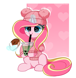 Size: 2572x2648 | Tagged: safe, artist:kittyrosie, oc, oc only, oc:rosa flame, pony, unicorn, abstract background, bubble tea, clothes, donut, drinking, food, glowing, glowing horn, heart, heart eyes, high res, horn, magic, simple background, solo, sweater, telekinesis, unicorn oc, white background, wingding eyes