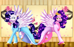 Size: 5881x3691 | Tagged: safe, artist:strawberryswirlll, pipp petals, rarity, alicorn, pony, g4, g5, absurd resolution, adorapipp, alicornified, cherry blossoms, clothes, cute, duo, duo female, female, flower, flower blossom, kimono (clothing), looking at each other, looking at someone, looking back, pipp and her heroine, pippcorn, race swap, raricorn, signature, skinny pipp, spread wings, wings