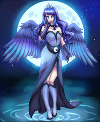 Size: 1920x2337 | Tagged: safe, artist:firestia, princess luna, human, g4, bare shoulders, boots, clothes, dress, full moon, gloves, high heel boots, humanized, looking at you, moon, shoes, smiling, solo, winged humanization, wings