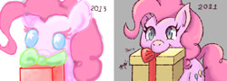 Size: 996x359 | Tagged: safe, artist:scarlett-berry, pinkie pie, earth pony, pony, g4, duo, female, mare, mouth hold, present, redraw