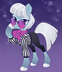 Size: 1920x2213 | Tagged: safe, artist:bishopony, photo finish, earth pony, pony, g4, abstract background, clothes, female, glasses, lidded eyes, looking at you, mare, solo