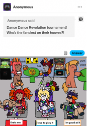 Size: 1171x1691 | Tagged: safe, artist:ask-luciavampire, oc, earth pony, pony, succubus, unicorn, arcade, ask, dance dance revolution, dancing, food, pizza, tumblr