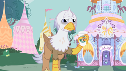 Size: 1280x720 | Tagged: safe, artist:mlp-silver-quill, oc, oc:silver quill, hippogriff, after the fact, after the fact:inspiration manifestation, g4, carousel boutique, coffee cup, cup, hangover, headache, hippogriff oc, ponyville, starebucks