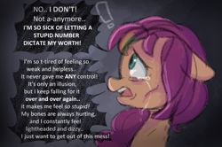 Size: 1057x701 | Tagged: safe, anonymous artist, sunny starscout, earth pony, pony, series:anorexic sunny, g5, anorexia, bust, crying, dialogue, emaciated, exclamation point, female, floppy ears, mane stripe sunny, mare, open mouth, profile, skinny, solo, spine, teary eyes, thin