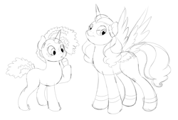 Size: 3400x2300 | Tagged: safe, artist:wownamesarehard, derpibooru exclusive, misty brightdawn, opaline arcana, alicorn, pony, unicorn, g5, my little pony: make your mark, my little pony: make your mark chapter 2, spoiler:g5, spoiler:my little pony: make your mark chapter 2, adult blank flank, blank flank, drinking, duo, female, high res, mare, monochrome, simple background, sketch, smoothie, that pony sure does love smoothies, white background