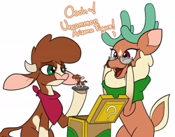 Size: 3000x2336 | Tagged: safe, artist:mrneo, arizona (tfh), cashmere (tfh), cow, deer, reindeer, them's fightin' herds, arizona is not amused, clothes, cloven hooves, community related, duo, figurine, glasses, high res, loot box, scarf, simple background, unamused, white background