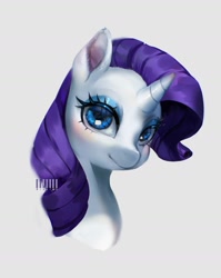 Size: 1390x1743 | Tagged: safe, artist:riukime, rarity, pony, unicorn, g4, bust, female, gray background, looking at you, mare, portrait, redraw, simple background, smiling, solo