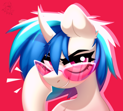 Size: 3000x2700 | Tagged: safe, artist:rtootb, dj pon-3, vinyl scratch, pony, unicorn, g4, 2023, big eyes, blue mane, bust, cute, digital art, ear cleavage, ear fluff, emanata, female, glasses, high res, icon, looking at you, looking forward, mare, pink eyes, portrait, red background, red eyes, shading, simple background, smiling, solo, sunglasses, vinyl's glasses, white body, white fur