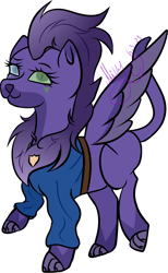 Size: 2412x3927 | Tagged: safe, artist:thecommandermiky, oc, oc only, oc:miky command, hybrid, pegasus, pony, chest fluff, clothes, female, happy, high res, looking at you, mare, paws, pegasus oc, purple hair, purple mane, simple background, solo, spread wings, white background, wings