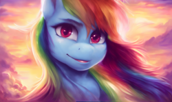 Size: 2816x1680 | Tagged: safe, ai assisted, ai content, generator:stable diffusion, prompter:saphkey, rainbow dash, pegasus, pony, g4, cloud, detailed background, sky, solo, sunset, wallpaper