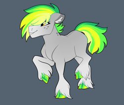 Size: 1024x867 | Tagged: safe, artist:loryska, earth pony, pony, cloven hooves, female, gray background, magical lesbian spawn, mare, offspring, parent:derpy hooves, parent:vinyl scratch, parents:vinylderpy, simple background, solo