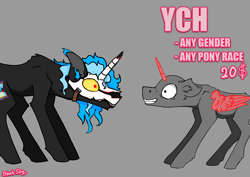 Size: 3508x2480 | Tagged: safe, artist:hrabiadeblacksky, oc, oc only, oc:hrabia de black sky, pony, unicorn, advertisement, blue hair, caption, commission, duo, high res, simple background, sketch, ych sketch, your character here