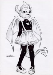 Size: 2880x4056 | Tagged: safe, artist:dantethehuman, smolder, dragon, anthro, g4, clothes, dragoness, female, monochrome, shoes, skirt, solo, traditional art