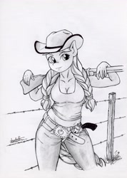 Size: 2896x4064 | Tagged: safe, artist:dantethehuman, granny smith, earth pony, anthro, g4, braid, clothes, denim, fence, gun, handgun, jeans, monochrome, pants, revolver, rifle, shirt, signature, solo, traditional art, weapon, young granny smith, younger