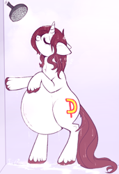 Size: 756x1106 | Tagged: safe, artist:lulubell, oc, oc:amy, pony, unicorn, bathing, belly, big belly, bipedal, bipedal leaning, female, horn, leaning, mare, pregnant, solo, standing up, unicorn oc