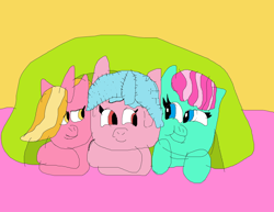 Size: 4056x3128 | Tagged: safe, artist:willtheraven1, cozy glow, luster dawn, minty, earth pony, pegasus, pony, unicorn, g3, g4, a better ending for cozy, alternate hairstyle, alternate universe, dream valley, filly luster dawn, filly minty, g3 to g4, generation leap, new hairstyle, paradise estate, under the covers, willverse