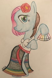 Size: 2088x3124 | Tagged: safe, artist:gracefulart693, oc, earth pony, pony, clothes, dress, earth pony oc, eyelashes, fan, flower, flower in hair, high res, hoof hold, smiling, solo, traditional art