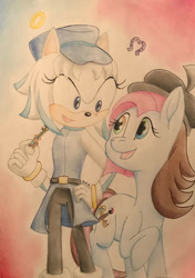 Size: 2053x2922 | Tagged: safe, artist:gracefulart693, oc, oc only, earth pony, pony, beret, duo, earth pony oc, gradient background, hat, high res, sonic the hedgehog (series), traditional art