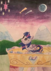 Size: 2769x3820 | Tagged: safe, artist:gracefulart693, twilight sparkle, alicorn, pony, g4, female, high res, mare, moon, mountain, outdoors, shooting star, solo, stars, traditional art, twilight sparkle (alicorn), twilight's castle