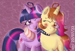 Size: 3105x2137 | Tagged: safe, artist:loohisgod27, twilight sparkle, oc, alicorn, pony, unicorn, g4, abstract background, choker, clothes, duo, eye clipping through hair, eyelashes, female, high res, horn, mare, one eye closed, side hug, socks, spiked choker, striped socks, twilight sparkle (alicorn), unicorn oc, wink