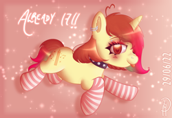 Size: 3800x2600 | Tagged: safe, artist:loohisgod27, oc, oc only, pony, unicorn, abstract background, choker, clothes, eyelashes, female, high res, horn, mare, smiling, socks, solo, spiked choker, striped socks, unicorn oc