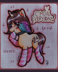Size: 2007x2509 | Tagged: safe, artist:loohisgod27, oc, oc only, pony, unicorn, choker, clothes, female, graph paper, high res, mare, raised hoof, socks, solo, spiked choker, striped socks, talking, thinking, traditional art